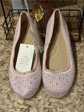 Cat & Jack Kids Blush Pink Silver Studded Ballet Flats Memory Foam Easy On Off